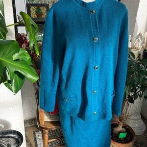 Teal Italian Wool Button-Up Cardigan and Skirt Set